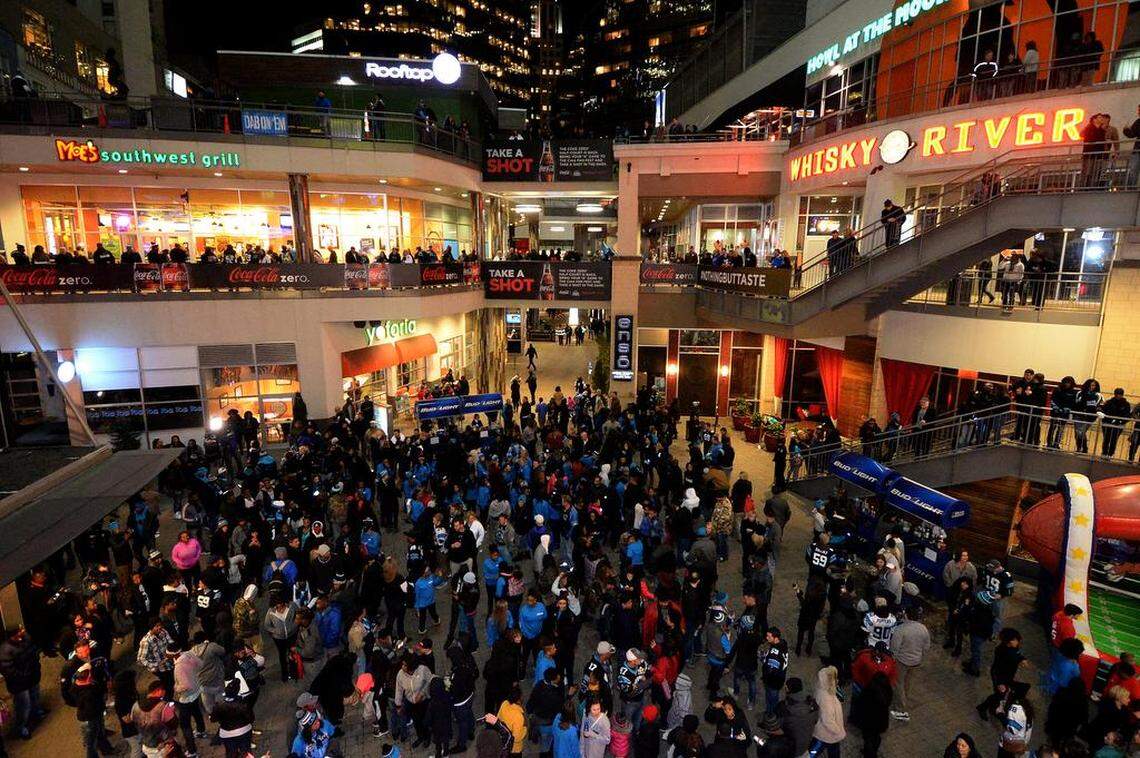 People in the crowd dance to music at a Bud Light Super Bowl Pep Rally at the Epicentre in February 2016. The Panthers played Denver and lost the game that year 24-10.