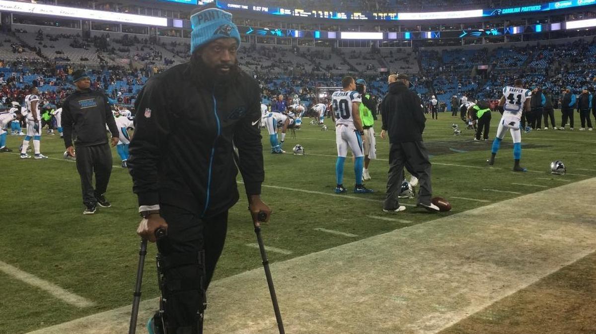 Carolina Panthers cornerback Charles Tillman on the sidelines as the team warms up before the Jan. 24 game against the Arizona Cardinals at Bank of America Stadium.