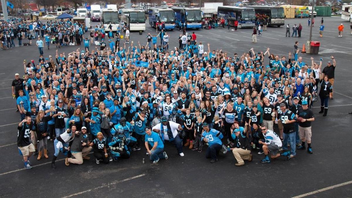 Carolina Panthers fans assemble in Atlanta's Marshalling Yard for the Roaring Riot tailgate in December 2015
