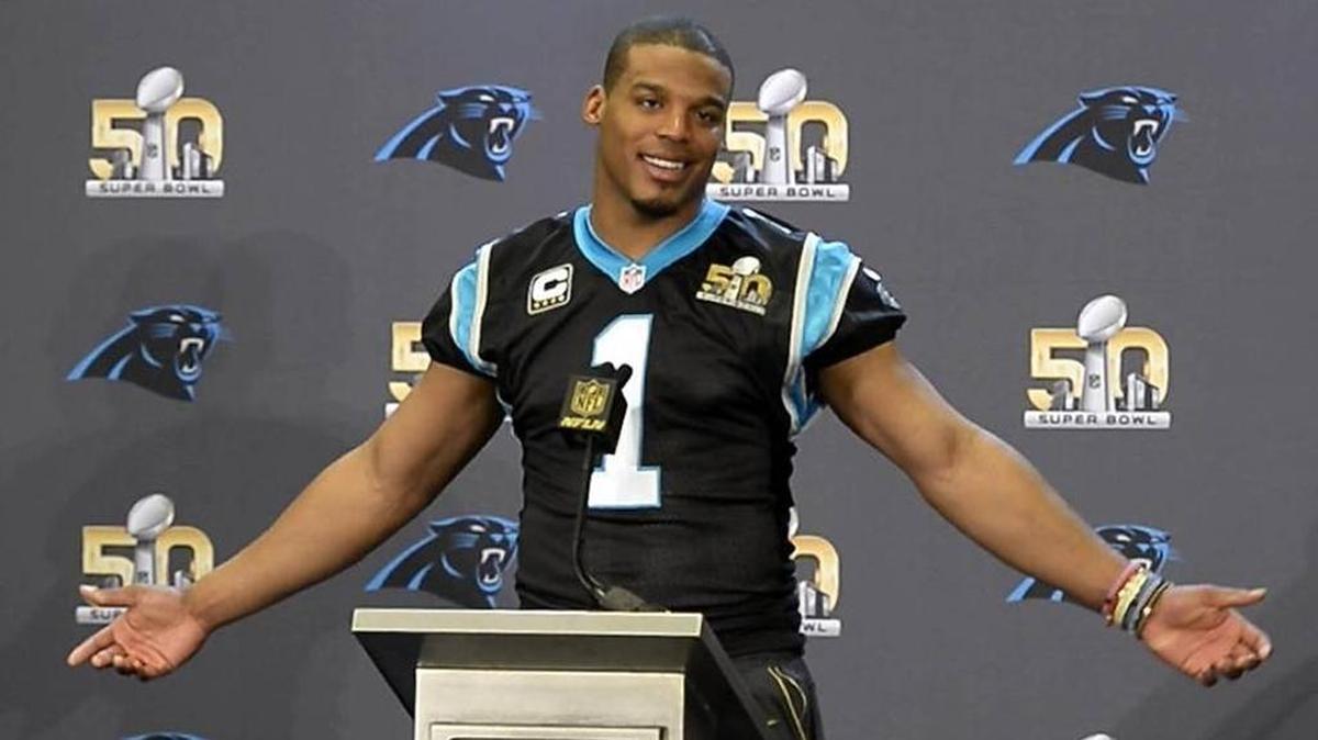 Carolina Panthers quarterback Cam Newton answers a question during a media interview session at the San Jose Convention Center on Wednesday in preparation for Super Bowl 50.