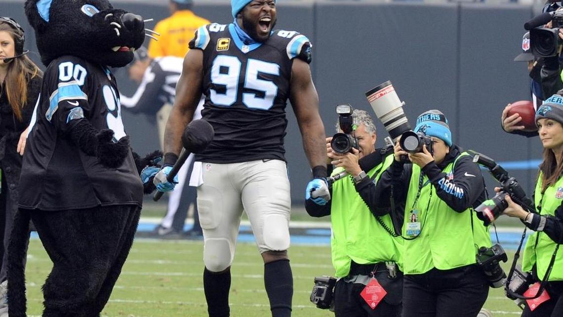 Carolina Panthers defensive end Charles Johnson (95) yells after hitting the Keep Pounding drum before kickoff of the game against the Atlanta Falcons at Bank of America Stadium December 24, 2016. Forbes has ranked the Panthers among its list of the 50 most valuable sports teams in the world.