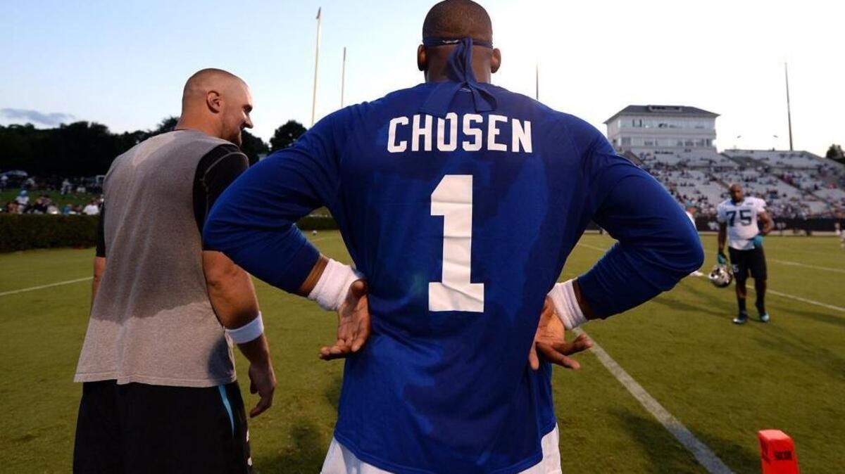 Carolina Panthers quarterback Cam Newton wore a top under his jersey with his son, Chosen's name on it during practice on July 28, 2016 at Wofford College in Spartanburg, SC.