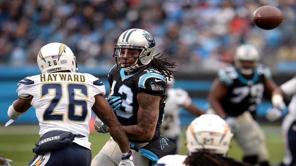 Panthers wide receiver Kelvin Benjamin, center, is unable to come up with a catch during the second quarter of Sunday’s home game against the San Diego Chargers.