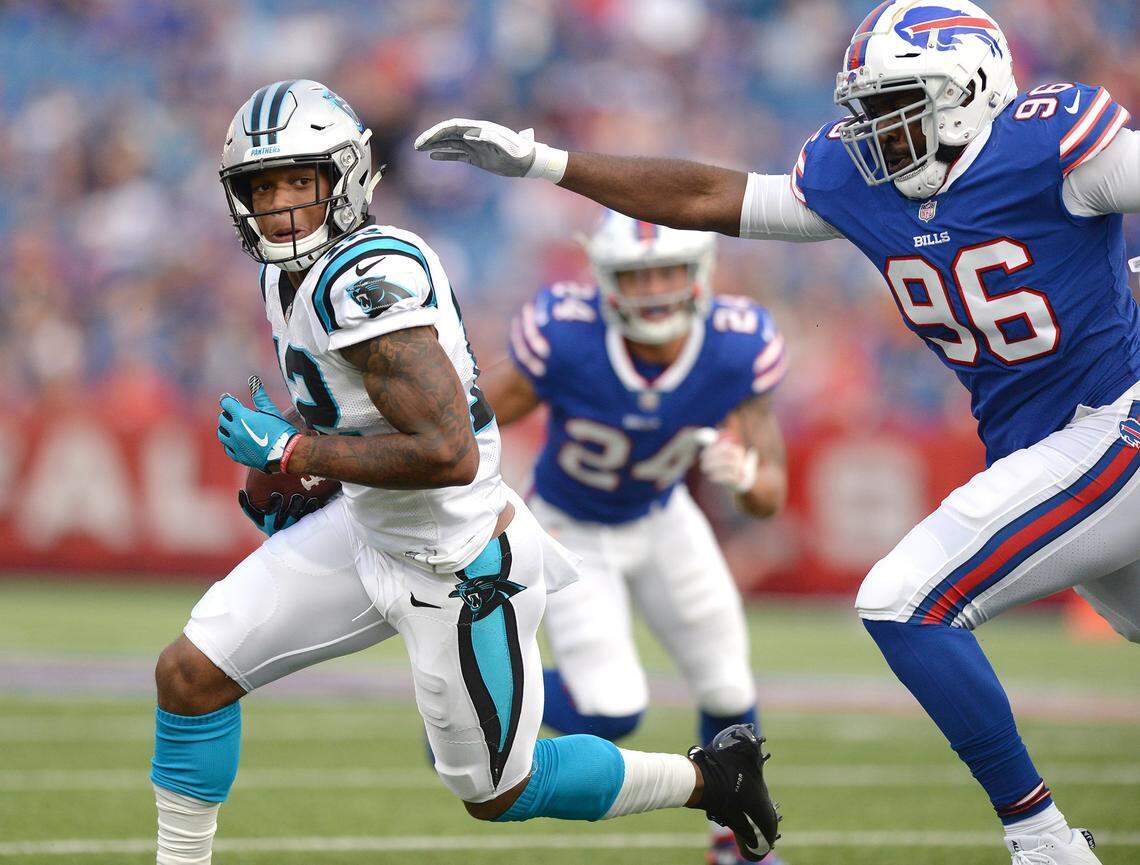 Carolina Panthers wide receiver DJ Moore breaks to the outside on a run following a pass reception during NFL exhibition action against the Buffalo Bills at New Era Field in Orchard Park, NY on Thursday, August 9, 2018.