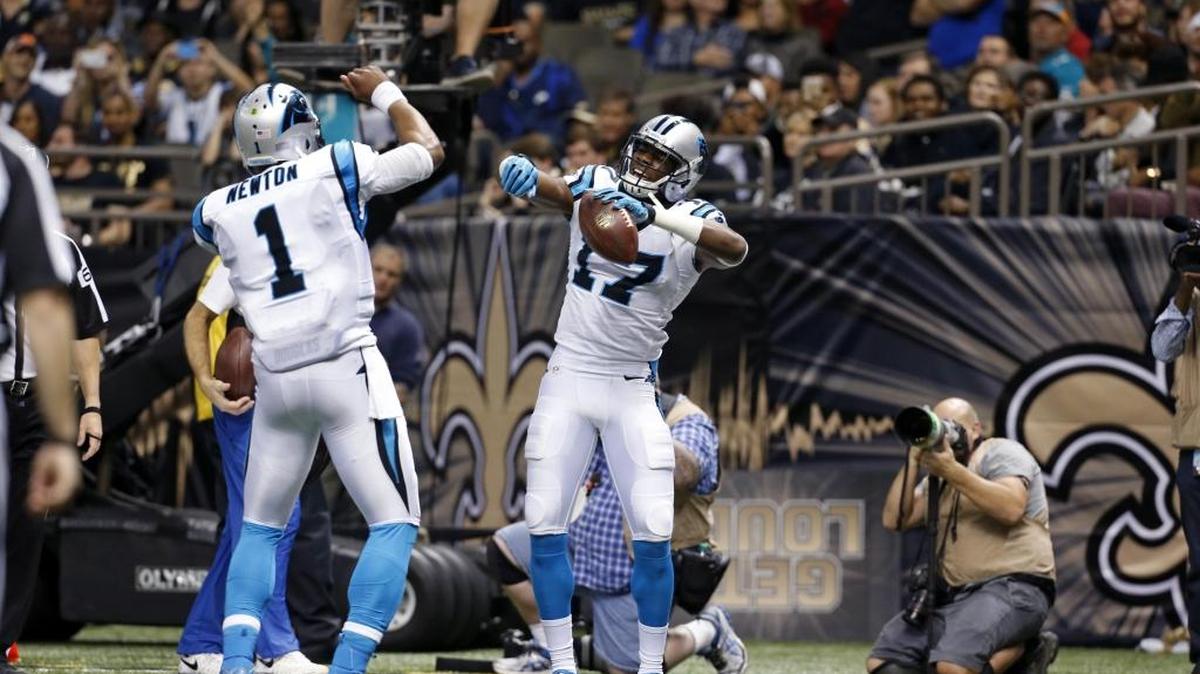 Carolina Panthers wide receiver Devin Funchess (17) celebrates his touchdown reception with quarterback Cam Newton (1) in Sunday’s win at New Orleans.
