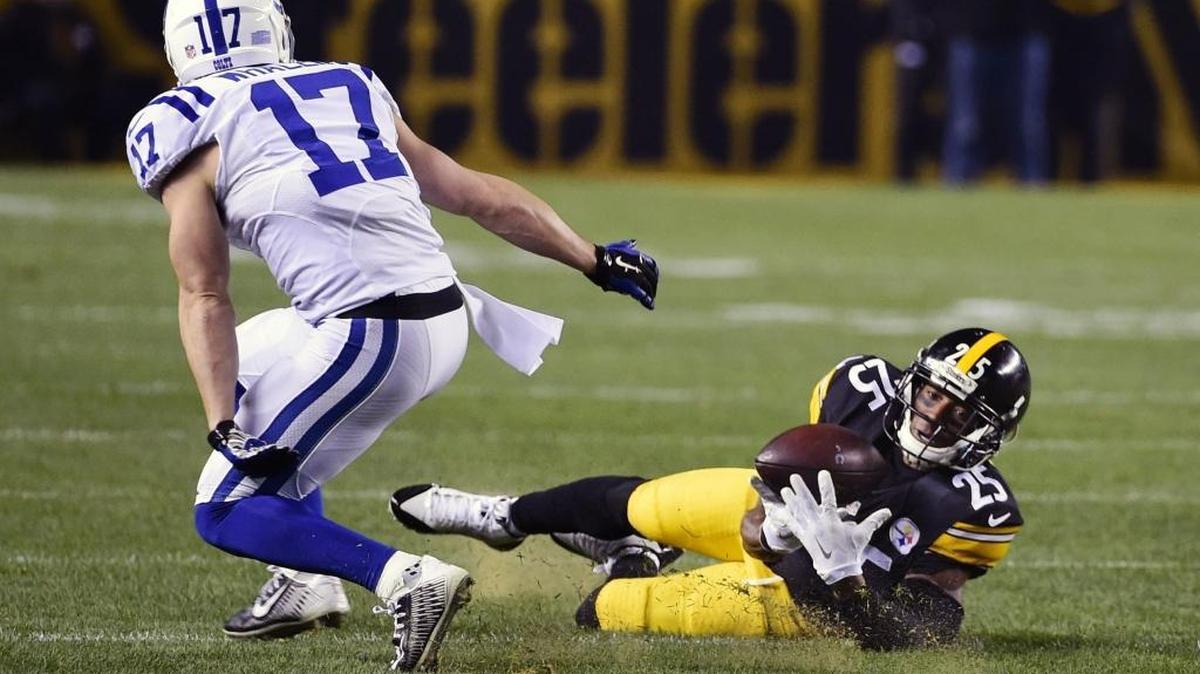 Pittsburgh Steelers defensive back Brandon Boykin (25) intercepts a pass intended for Indianapolis Colts wide receiver Griff Whalen (17) during the first half of an NFL football game, Sunday, Dec. 6, 2015, in Pittsburgh. (AP Photo/Fred Vuich).