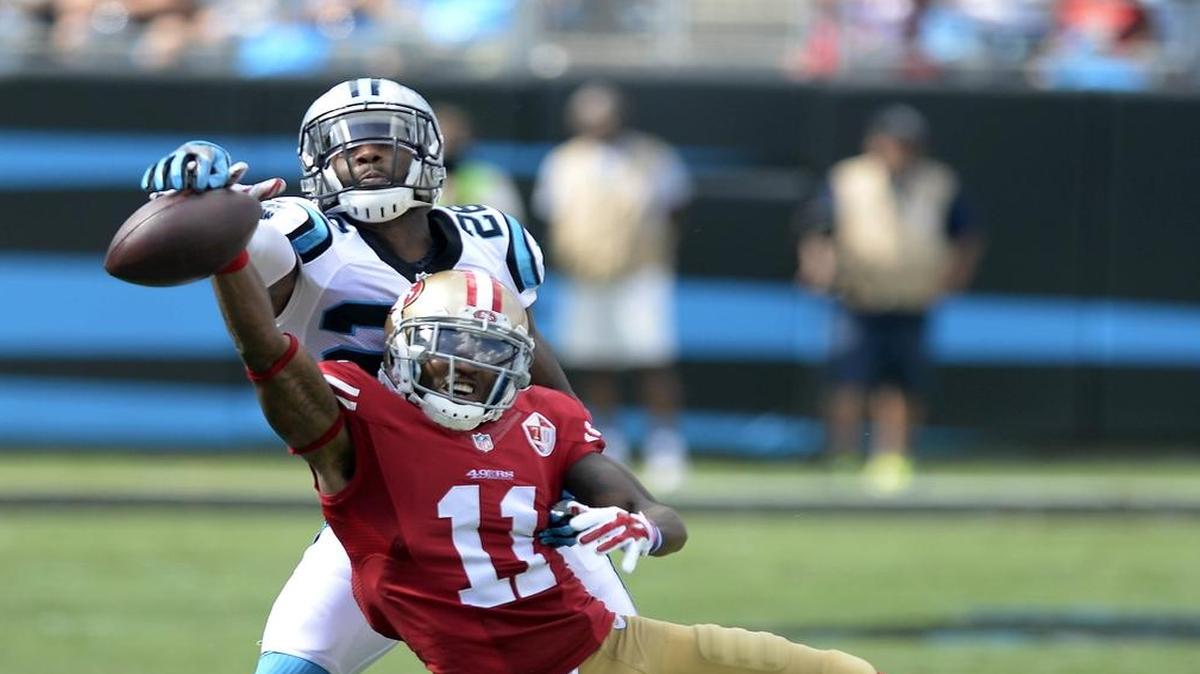 Carolina Panthers cornerback Daryl Worley (26) breaks up a pass intended for San Francisco 49ers wide receiver Quinton Patton (11) in a Sept. 18 win over San Franciso.