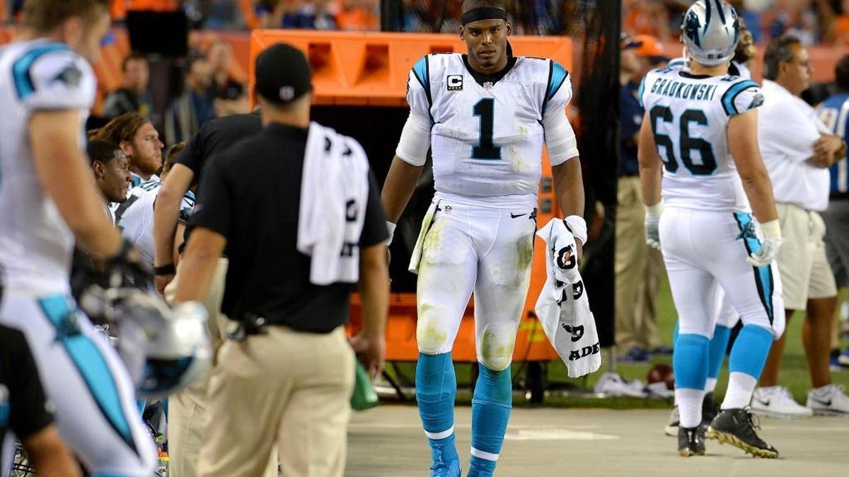 Carolina Panthers quarterback Cam Newton walks down the sideline during the third quarter on Thursday.