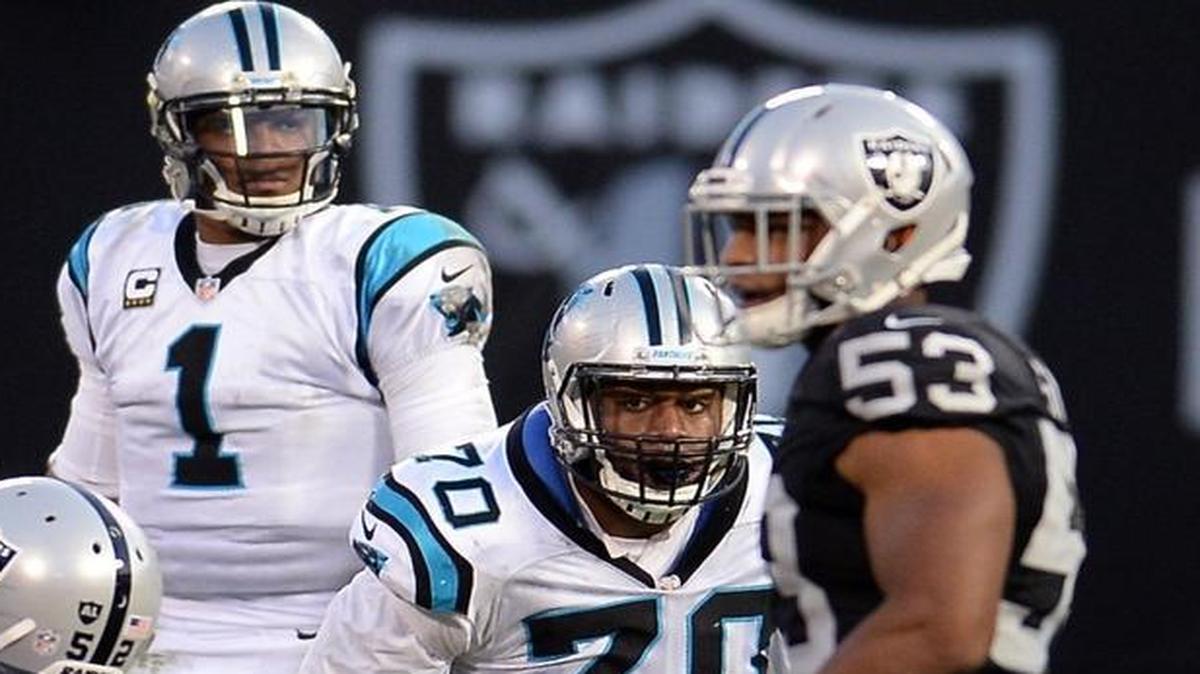 Carolina Panthers right guard Trai Turner (70) was forced to play right tackle after an injury to Daryl Williams, and did his best to protect Cam Newton (1) against one of the NFL’s best edge rushers.