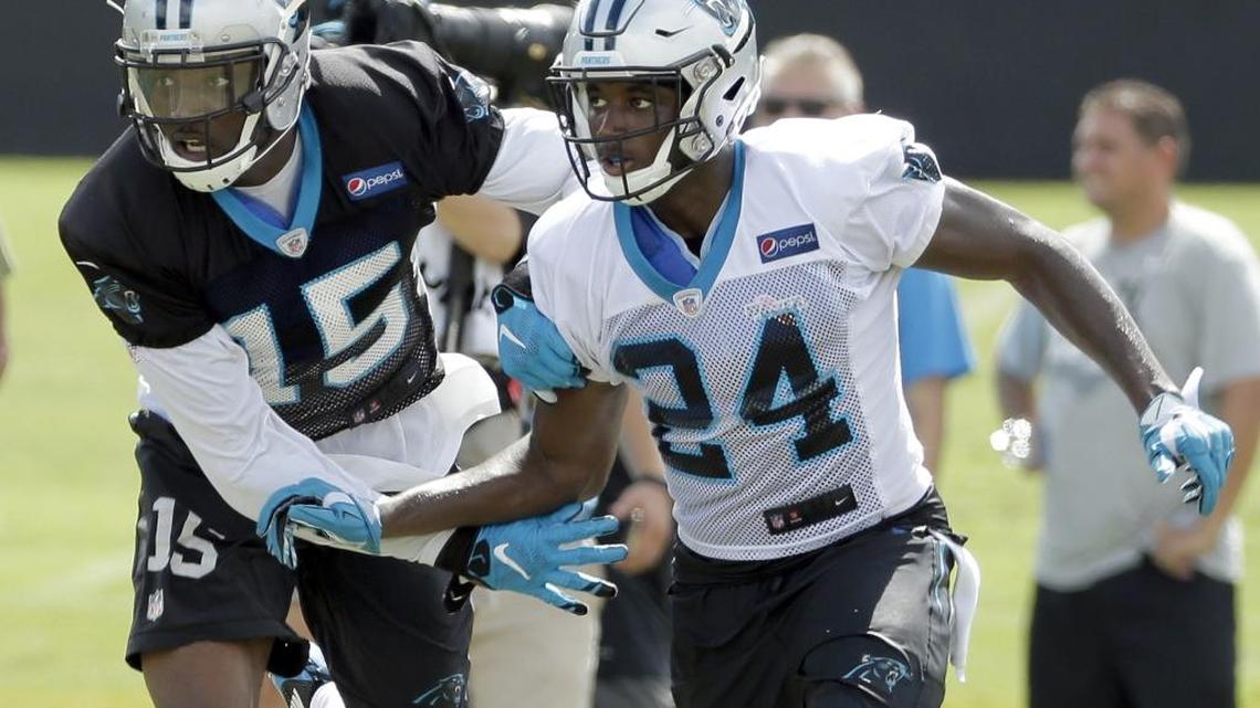 Receiver Keyarris Garrett (15), shown going against cornerback James Bradberry during an Aug. 9 practice, had the catch of the day Tuesday during training camp at Wofford, a 50-plus-yard pass from Joe Webb. Bradberry also had a good day as he broke up two passes thrown by Derek Anderson.