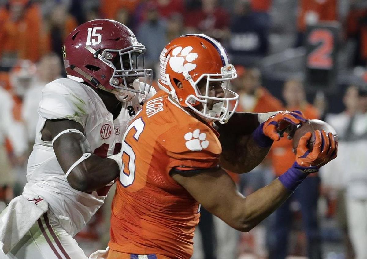 Clemson’s Jordan Leggett, right, could be an attractive pickup in the later rounds of the NFL draft.