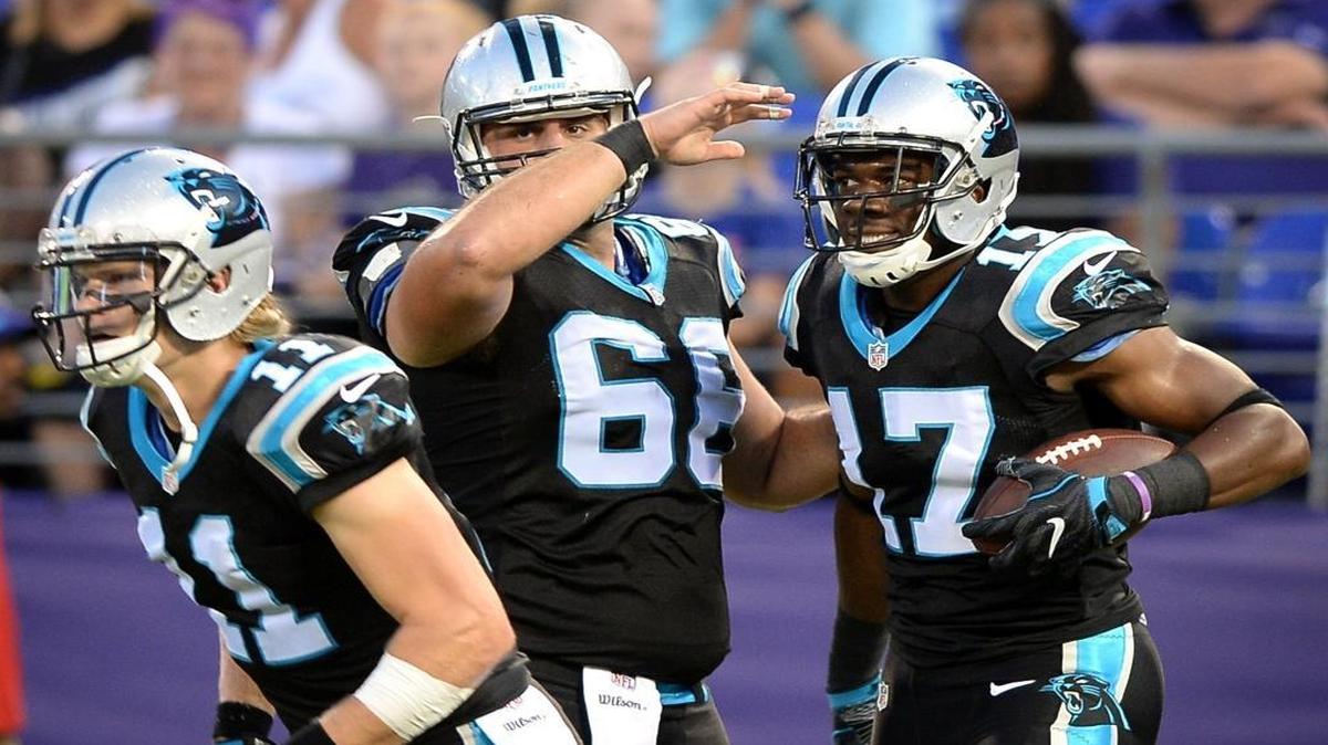 Carolina Panthers wide receiver Devin Funchess, right, is congratulated by wide receiver Brenton Bersin, left, and guard Andrew Norwell after catching a touchdown pass from quarterback Derek Anderson on Thursday.