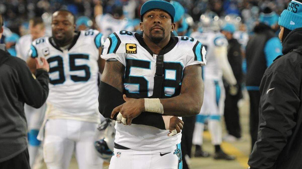 Thomas Davis has his arm in a sling at Bank of America Stadium on Sunday as the Panthers hosted the Arizona Cardinals in the NFC Championship Game. Davis had surgery on the arm Monday morning in hopes he can play in the Super Bowl.
