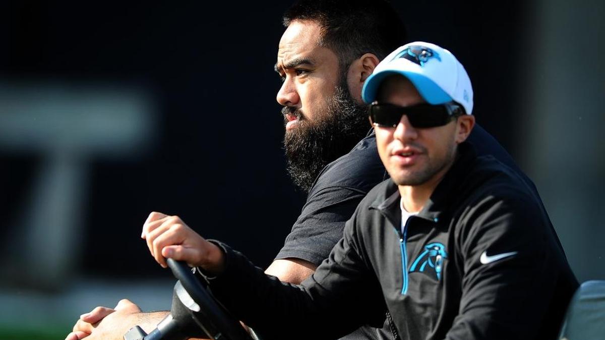 
Carolina Panthers defensive tackle Star Lotulelei is driven to the practice fields on Wednesday, Aug. 26, 2015.
