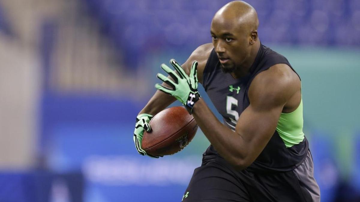 Samford defensive back James Bradberry runs a drill at the NFL football scouting combine in Indianapolis in February.
