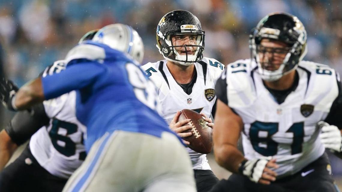 
Jacksonville Jaguars quarterback Blake Bortles (5) was sacked 55 times as a rookie, so watch for the Carolina Panthers to pressure him Sunday.
