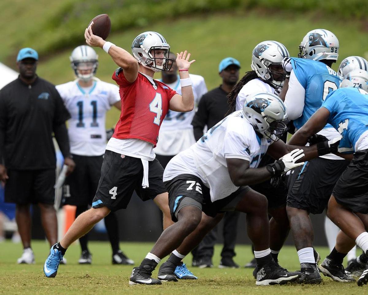 Carolina Panthers quarterback Garrett Gilbert (4) is the leader in the clubhouse to be Cam Newton's primary backup this season. Gilbert, 26, has yet to take a snap in a regular-season NFL game.