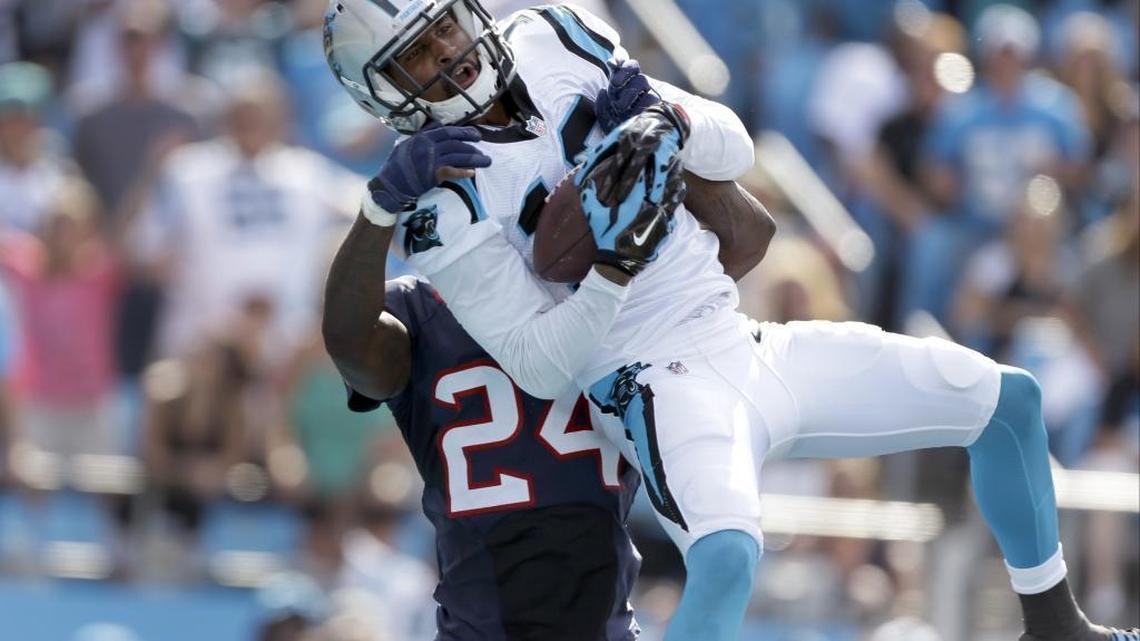 
Carolina Panthers receiver  Philly Brown (10) catches a 36-yard touchdown pass from Cam Newton as Houston Texans' Johnathan Joseph (24) defends in Sunday’s game in Charlotte. The Panthers won 24-17. 
