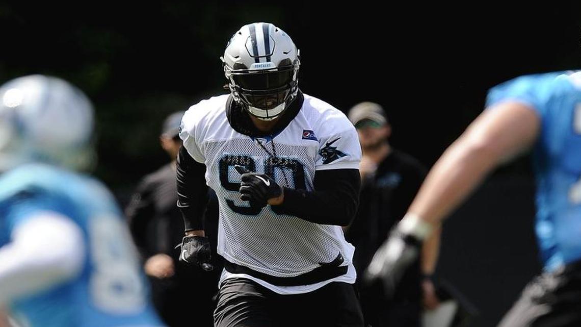 Carolina Panthers defensive end Julius Peppers (90) pursues the action during a play at training camp at Wofford College in Spartanburg, SC on Sunday, August 13, 2017.