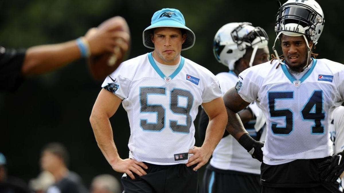 Carolina Panthers linebacker Luke Kuechly (59) watches practice Tuesday during the first veteran’s day off of his five year career. But he took some ribbing from teammates at Wofford College in Spartanburg.