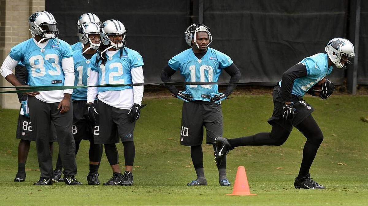 
Carolina Panthers wide receiver Devin Funchess (right) has the size and speed to create mismatches for a defense. And he doesn’t want the fact that Cam Newton has a big arm to hold him back. That’s why he worked on catching NFL-velocity footballs before he was drafted. 

