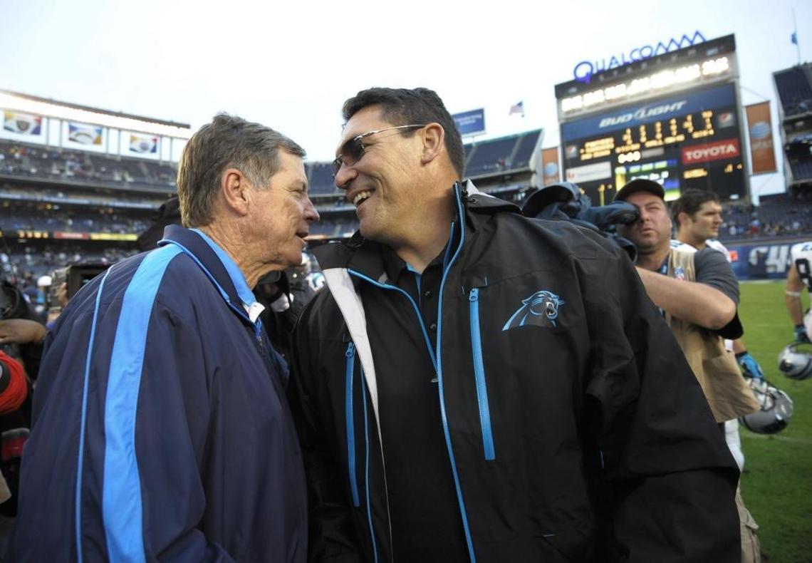 Norv Turner, left, has a long relationship with Carolina Panthers coach Ron Rivera, who expects Turner to take Panthers quarterback Cam Newton to the next level as Carolina’s offensive coordinator.