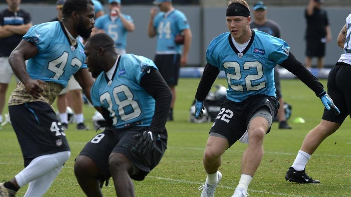 Panther running back Christian McCaffrey during practice, Thursday, June 15, 2017. Carolina opens training camp next week in Spartanburg.