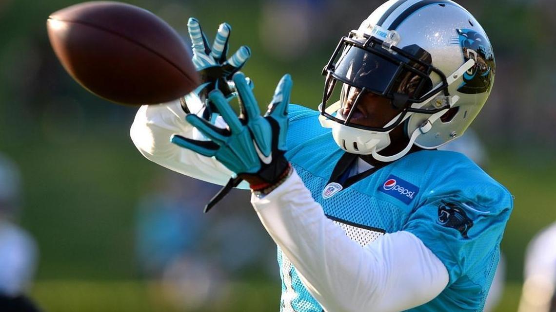 Carolina Panthers wide receiver Devin Funchess catches a pass during training camp last Thursday in Spartanburg.