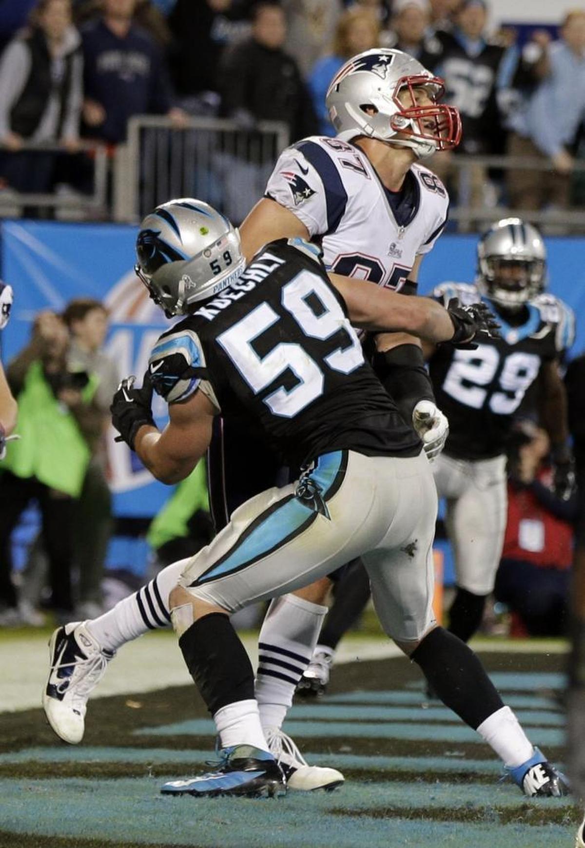 Panthers Luke Kuechly said Thursday he’d “gotten away” with a penalty vs. the Patriots’ Rob Gronkowski on the final play of the Panthers’ 2013 victory.