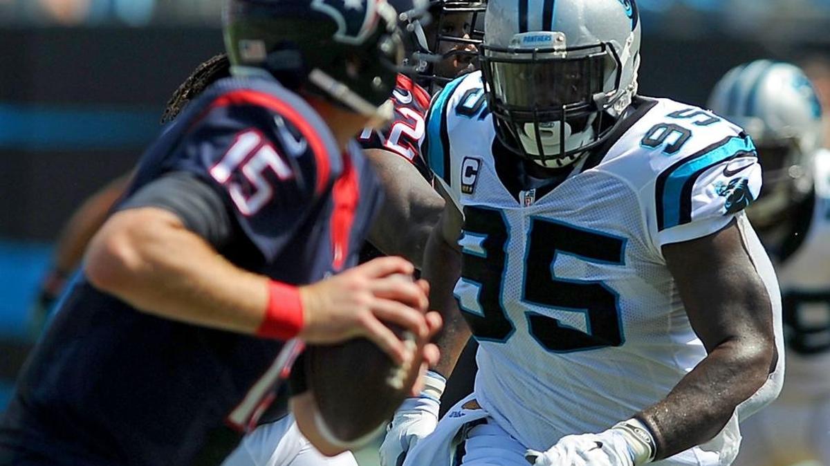 Carolina Panthers defensive end Charles Johnson (95), just back from temporary injured reserve, will start Thursday against the Cowboys in Dallas.