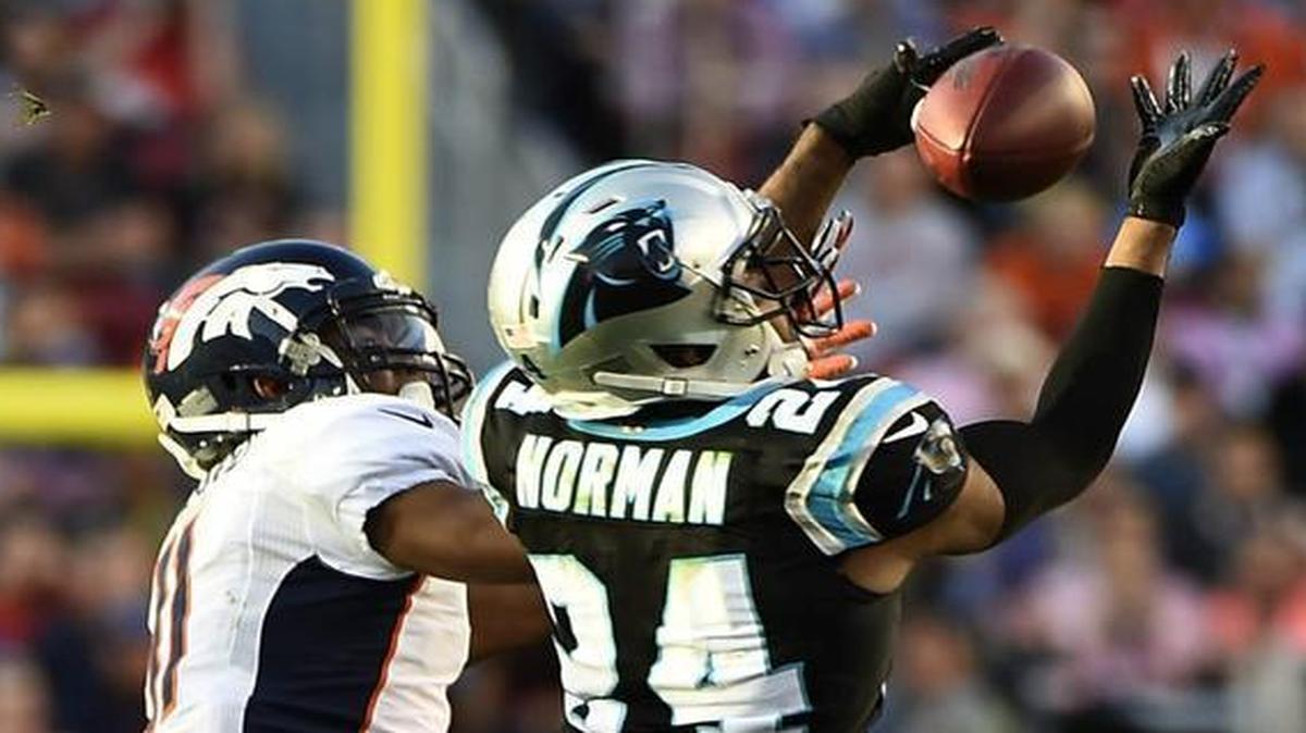 Josh Norman breaks up a pass intended for Broncos wide receiver Jordan Norwood during the second quarter of Super Bowl 50 at Levi’s Stadium in Santa Clara, Calif. Norman is likely to be back with Carolina, either on a long-term deal or through a franchise tag that would pay him $13.5 million.