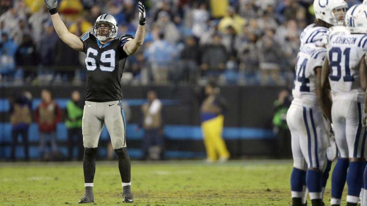 Carolina Panthers defensive end Jared Allen (69) remembers most of his sacks, but one that got away against Green Bay’s Aaron Rodgers gnaws at him.