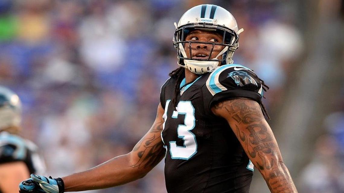 Carolina Panthers receiver Kelvin Benjamin glances at the scoreboard during Thursday night’s preseason exhibition at Baltimore.The game marked the return of Benjamin, who missed all of last season with a knee injury.
