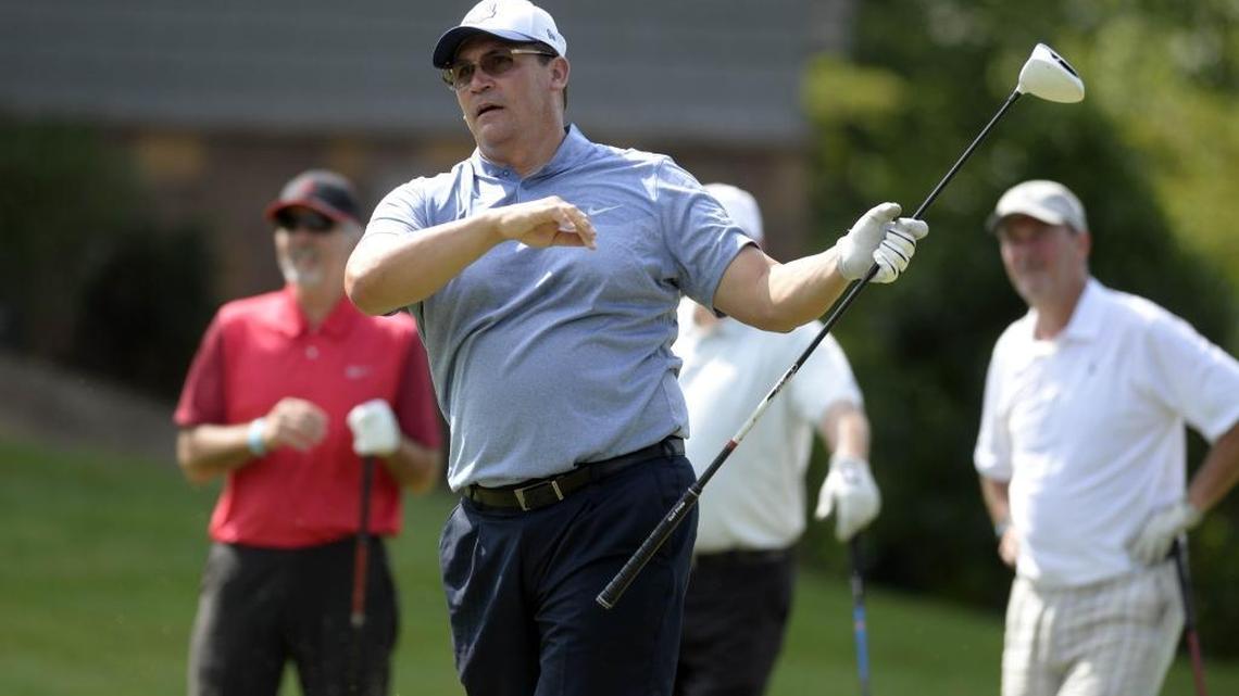 Carolina Panthers head coach Ron Rivera watches his shot from the 1st tee box during the HoopTee Celebrity Golf Classic at the Golf Club at Ballantyne on Thursday, July 21, 2016. HoopTee Celebrity Golf Classic is the primary fundraiser for HoopTee Charities, Inc., a North Carolina non-profit corporation to support youth-based charitable activities. One hundred-twenty eight golfers and 30 celebrity golfers participated in the 14th year of the golf event.