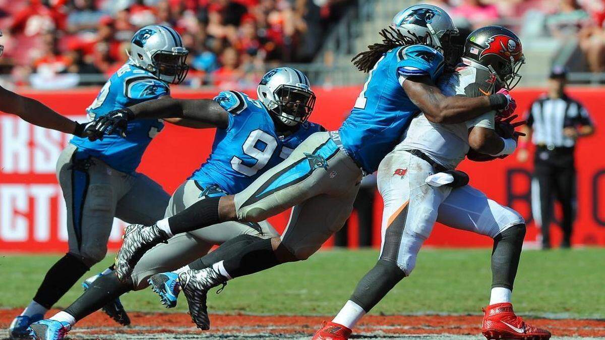 
Carolina Panthers defensive end Ryan Delaire sacks Tampa Bay Buccaneers quarterback Jameis Winston, one of Delaire’s two on the day, during the third quarter. The Panthers defeated the Buccaneers 37-23.
