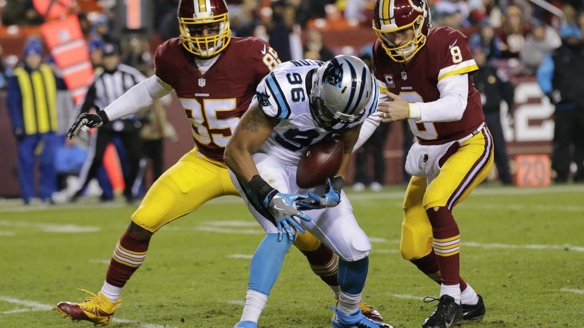 Carolina Panthers defensive end Wes Horton (96) grabs a fumble by Washington quarterback Kirk Cousins (8) in a Dec. 19 game.