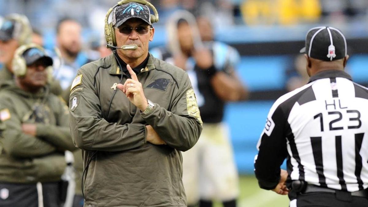Carolina Panthers head coach Ron Rivera’s camouflage hat, with his father’s Army pin attached, is headed to a display at the Pro Football Hall of Fame in Canton, Ohio.