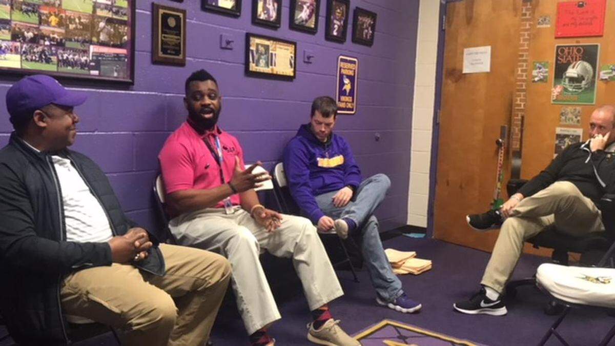 From left to right, Tarboro football coaches Darryl Glass, Jamie Williams, Andrew Harding and Ricky Babb share their favorite memories of former Vikings running back Todd Gurley.