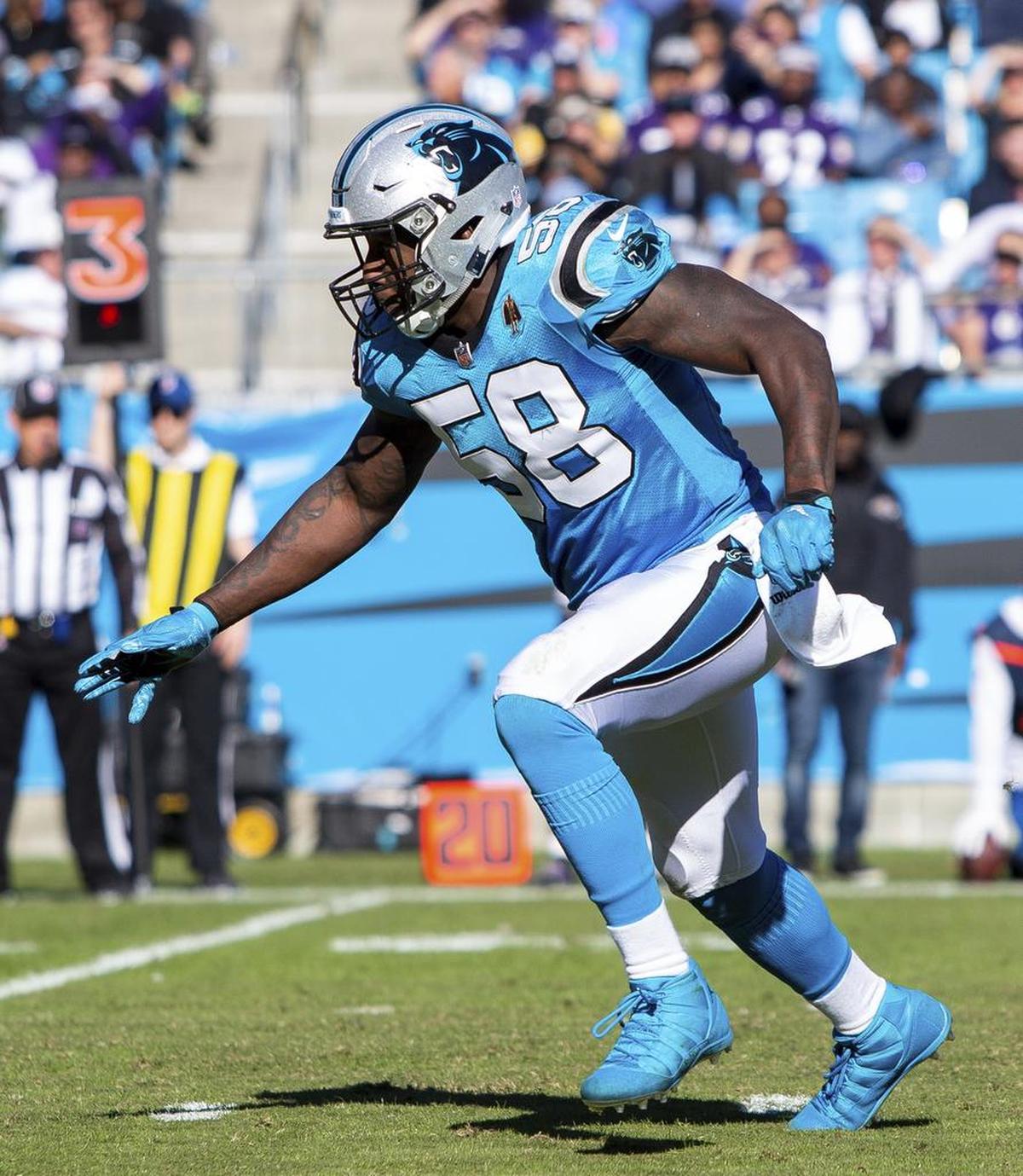 Carolina Panthers linebacker Thomas Davis (58) has overcome three torn ACL’s in the course of his career, and now will have to face off with dynamic Steelers running back James Conner, who has an inspirational story of his own.