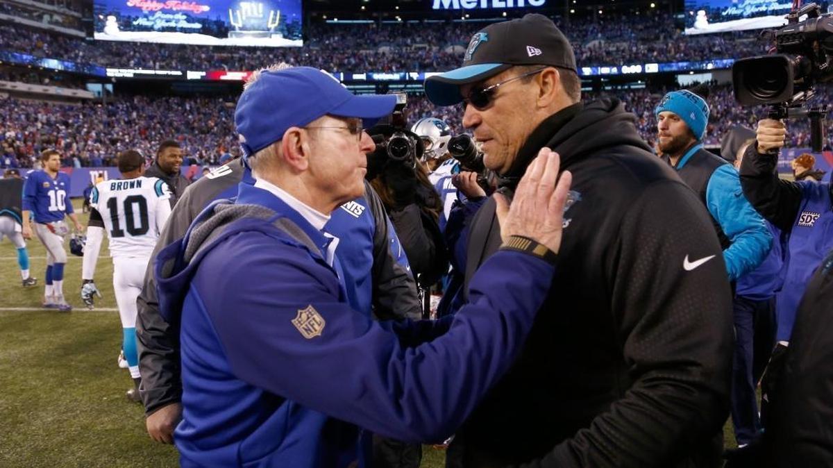 Carolina Panthers head coach Ron Rivera (right) says he hasn’t heard any hard evidence from the New York Giants concerning intimidation or homophobic slurs on the part of his players during a game at MetLife Stadium on Sunday.