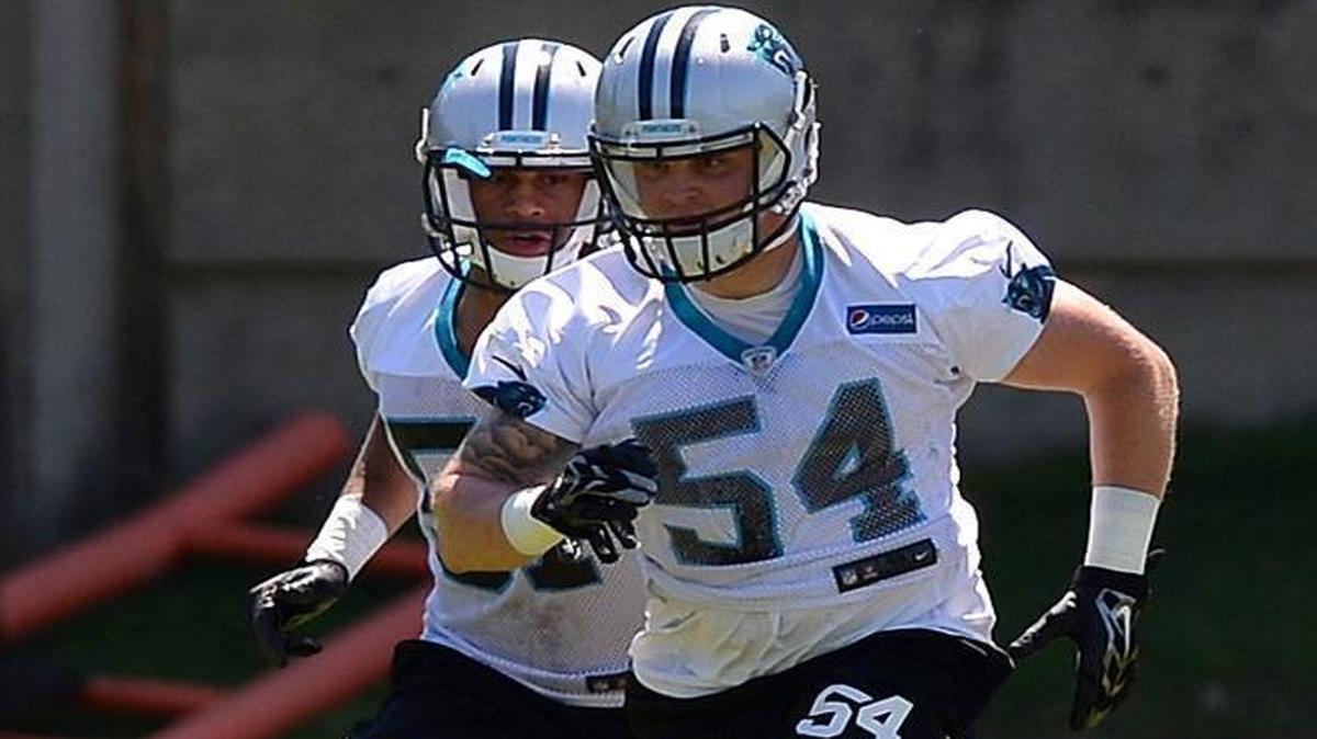 Undrafted Carolina Panthers linebacker Jared Barber, right, got his shot to play for his hometown team by performing well at a rookie minicamp after the NFL draft.
