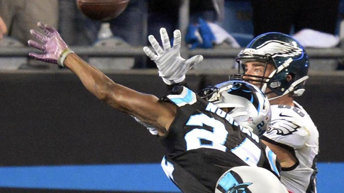 Carolina Panthers cornerback Josh Norman (24) defends a pass intended for Philadelphia Eagles' Zach Ertz (86) in the second quarter at Bank of America Stadium on Sunday. The Panthers won 27-16 to remain unbeaten at 6-0.