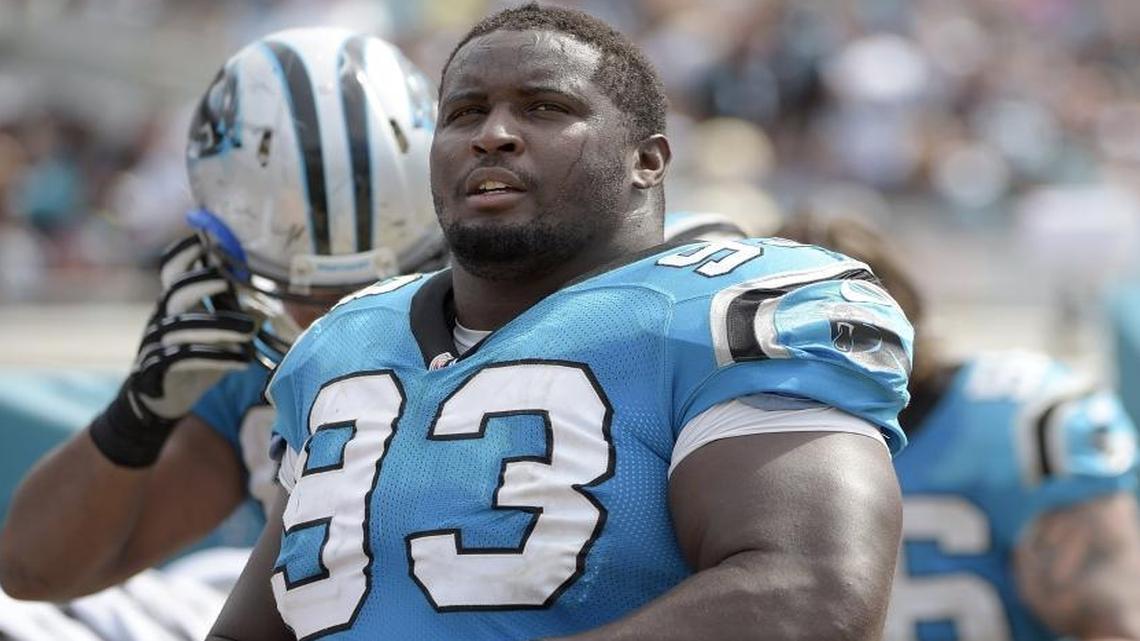 Carolina Panthers defensive tackle Kyle Love (93) watches from the sideline during the second half of an NFL football game against the Jacksonville Jaguars in Jacksonville, Fla., Sunday, Sept. 13, 2015. The Panthers won 20-9. (AP Photo/Phelan M. Ebenhack)