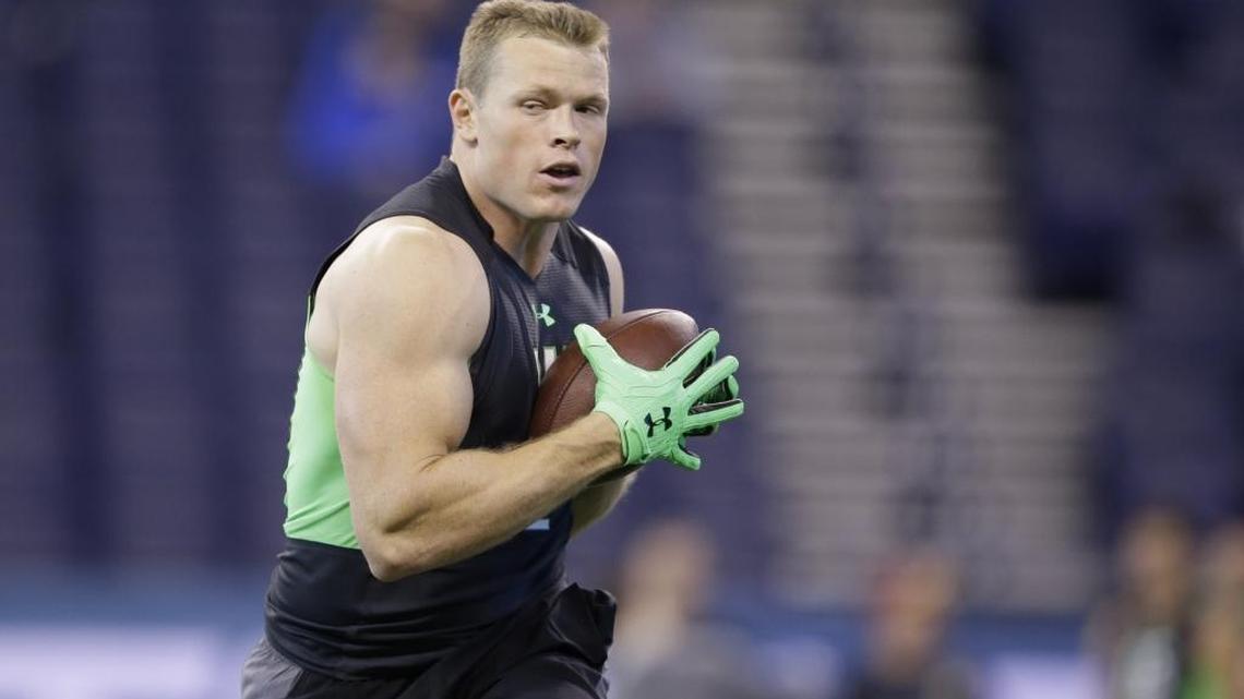 Montana State tight end Beau Sandland, the Carolina Panthers’ seventh-round pick, runs a drill at the NFL football scouting combine on Feb. 27 in Indianapolis.