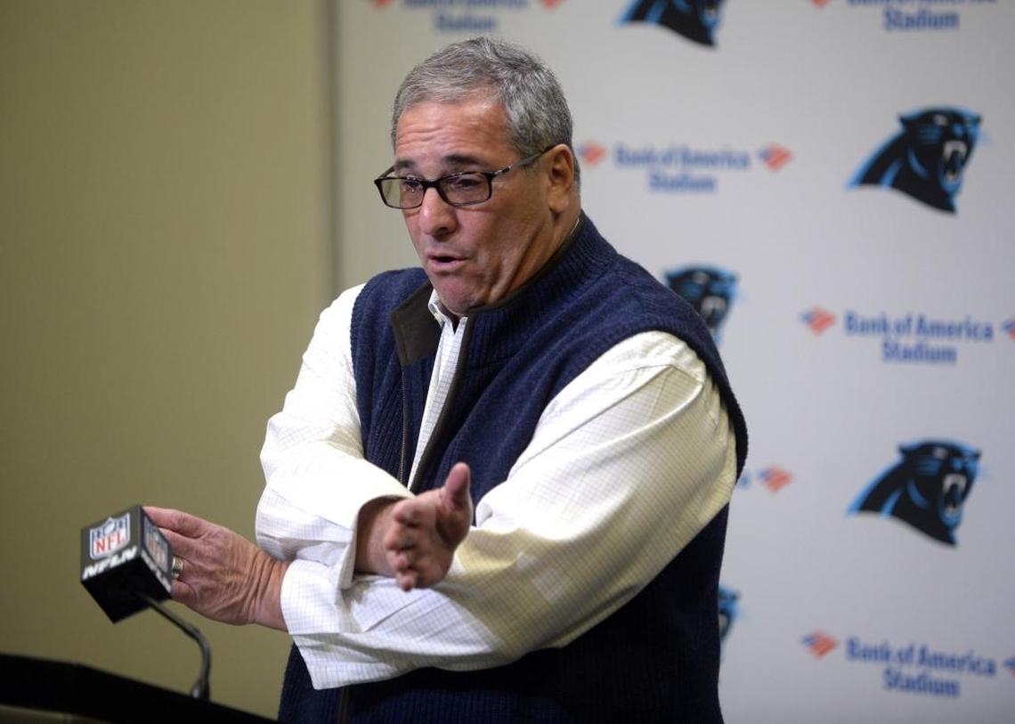 Carolina Panthers general manager Dave Gettleman gestures as he speaks to the media during his end of season press conference at Bank of America Stadium on Tuesday, January 3, 2017. Gettleman was fired on Monday, June 18 for reasons that are still unclear.