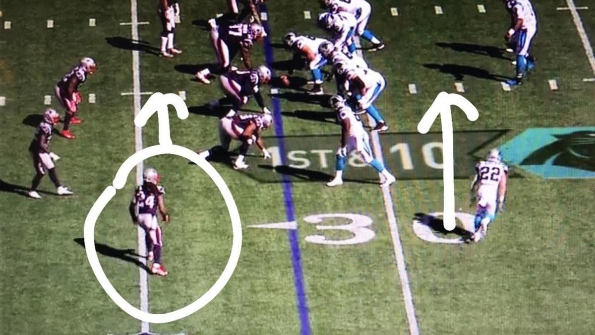 Carolina quarterback Cam Newton puts running back Christian McCaffrey (lined up as a receiver) into motion. Cornerback Stephon Gilmore (24) calls for help to the other side, to which free safety Devin McCourty responds and starts to shift. Seeing no remaining receivers on his side, Gilmore shifts as well.
