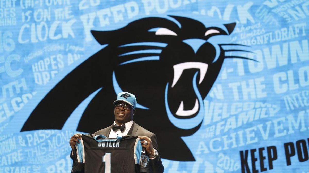 Louisiana Tech defensive tackle Vernon Butler poses for photos after being selected by the Carolina Panthers as the 30th pick in Thursday’s first round of the 2016 NFL football draft in Chicago.