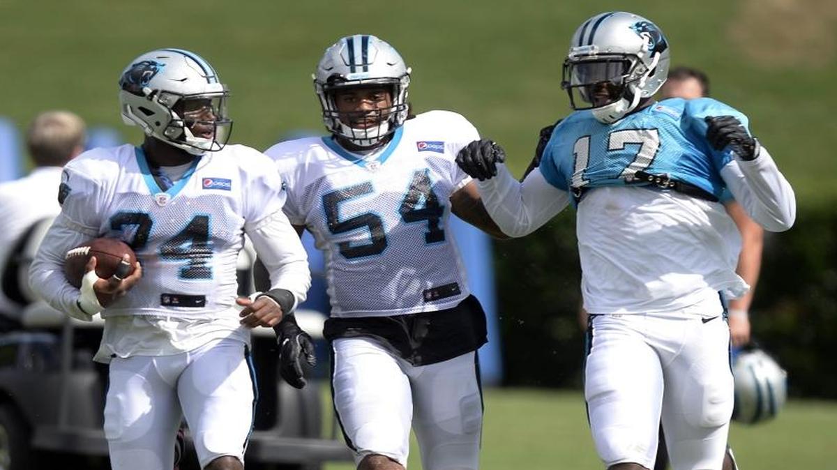Panthers cornerback James Bradberry (24), linebacker Shaq Thompson (54) and wideout Devin Funchess (17) appear to be in a footrace, which was a popular topic at training camp this year.