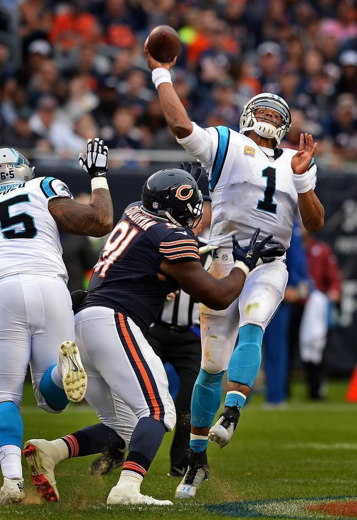 Panthers quarterback Cam Newton threw two interceptions against Chicago in Week 7, including one returned for a touchdown. But Newton has done a much better job protecting the football in recent weeks.