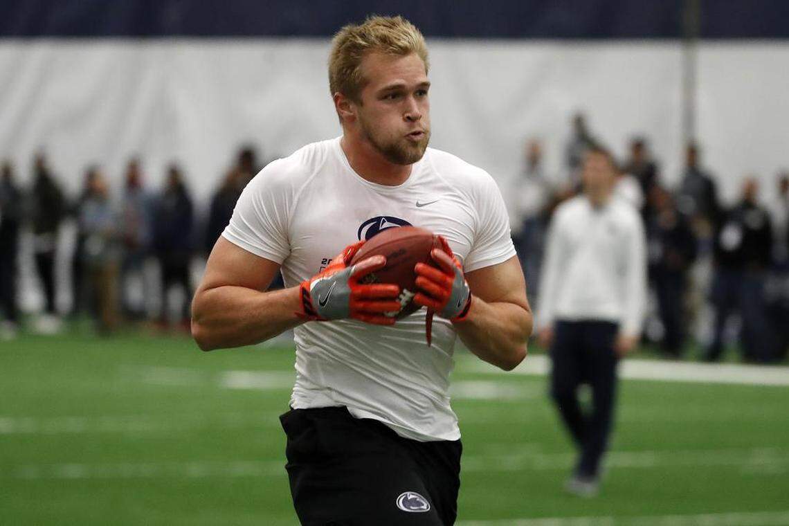 Penn State tight end Mike Gesicki offers the kind of pass-catching tight end who would be attractive to the Carolina Panthers, but he's not much of a blocker, despite his efforts.